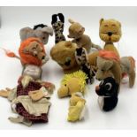 A collection of vintage felt animal teddys including a Steiff donkey and Gretel hand puppet,