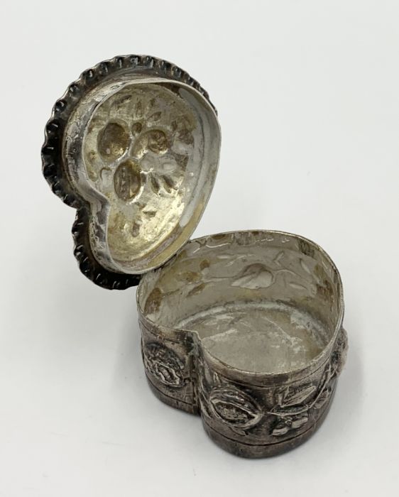 A hallmarked silver heart shaped lidded pot with floral decoration - Image 2 of 3