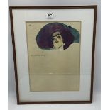A print of a portrait sketch of a woman's head in the Edwardian style wearing suffragette colours,