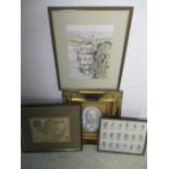 A framed watercolour of a harbour scene ( monogrammed), map of Devonshire, framed Gallagher's