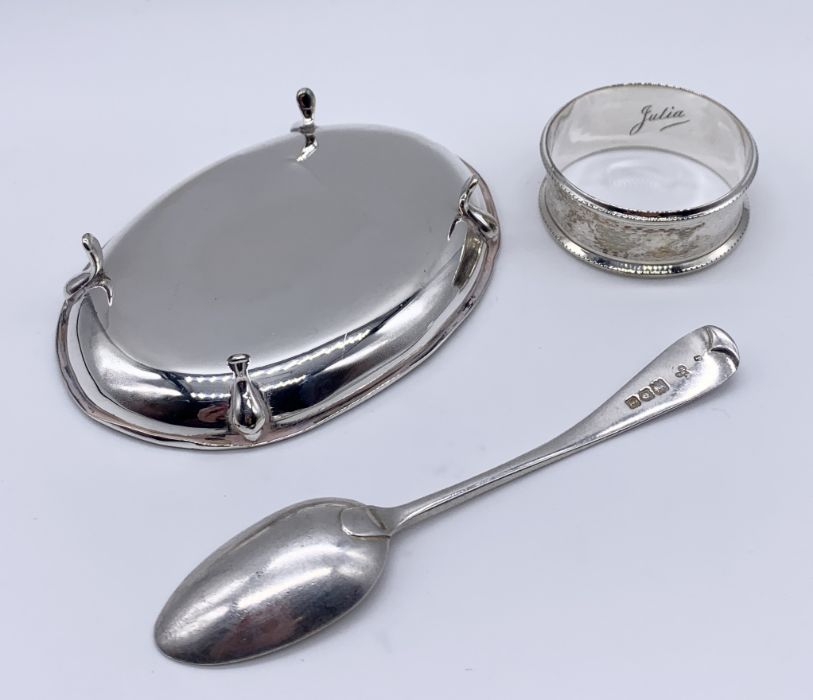 A hallmarked silver pin tray, serviette ring along with a silver coffee spoon - Image 2 of 2