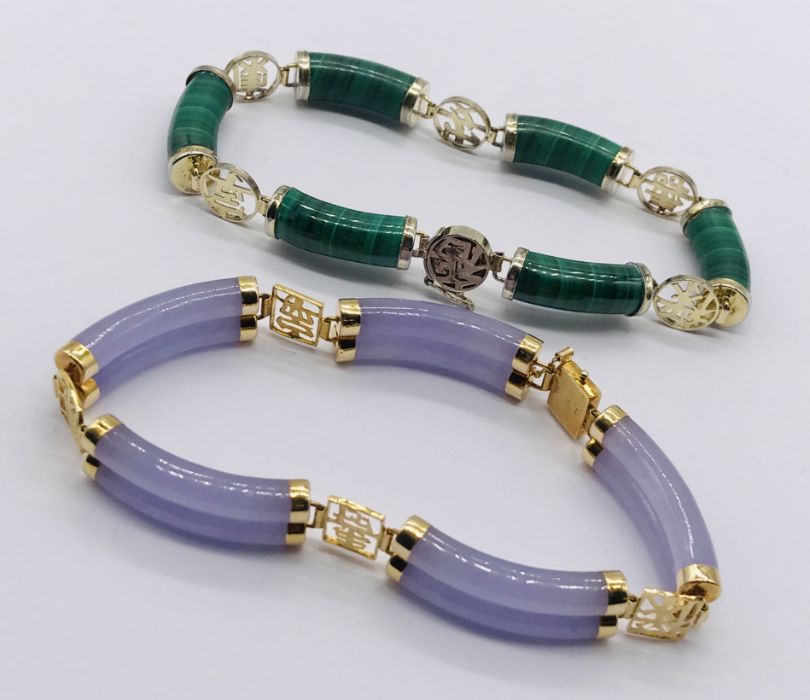 A 14ct gold sectional bracelet set with jade along with a 925 silver bracelet with malachite