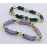 A 14ct gold sectional bracelet set with jade along with a 925 silver bracelet with malachite