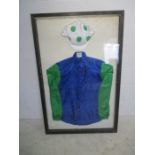 A framed set of horse racing colours/silks of the National Hunt owner the late David Johnson, signed