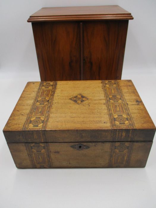 A Victorian smokers cabinet along with a parquetry inlaid box