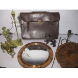 A vintage leather case and a collection of Brass, Copper etc