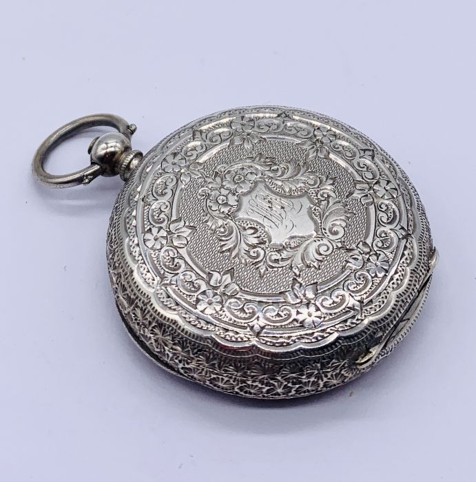 A continental 935 silver fob watch with enamelled dial with gilded decoration, inscription to - Image 2 of 3