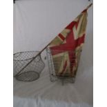 A wirework egg basket, one other similar and a small Union flag