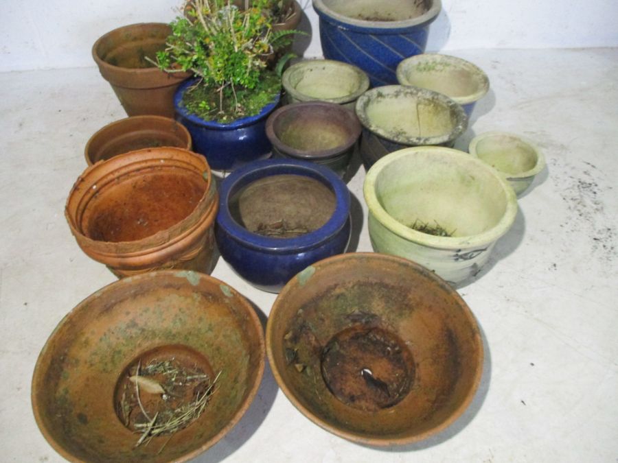 A collection of garden pots including glazed and terracotta. - Image 7 of 11