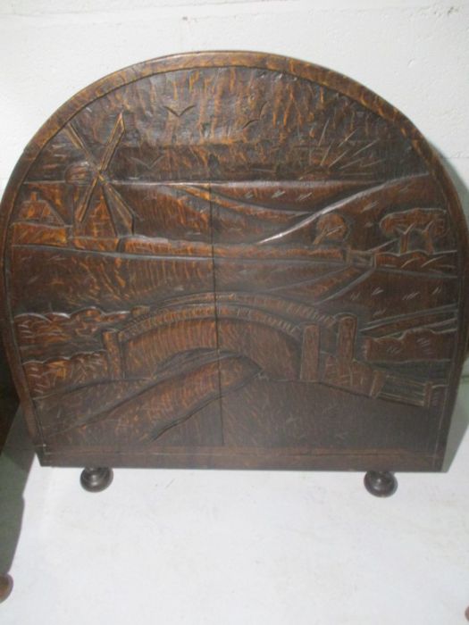 A glass topped Art Deco bedside cabinet, a carved oak fire screen showing a Dutch scene, plus a - Image 5 of 15