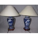 A pair of Chinese blue and white lamps decorated with traditional scenes