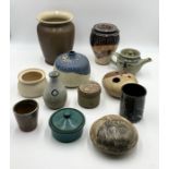 A collection of studio pottery including Crowan pottery lidded dish etc.