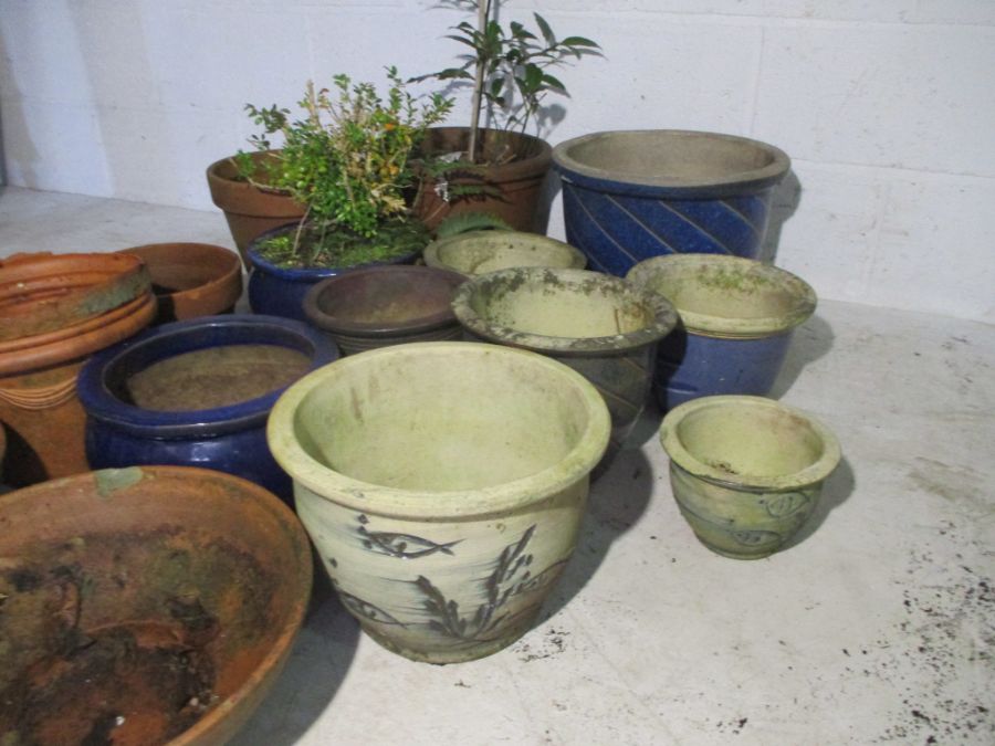 A collection of garden pots including glazed and terracotta. - Image 2 of 11