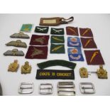 A collection of cloth and other military badges including Paras, Intelligence Corps etc.
