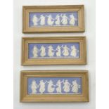 Three framed Wedgwood blue dipped Jasperware Dancing Hours Plaques - Total size 22 x 9.5cm