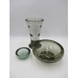 A Whitefriars vase (approx. 23cm in height), along with two Whitefriars controlled bubble bowls