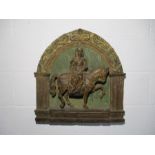 A mid-century Harold Studios Inc. plaster wall hanging of a medieval Queen mounted on a horse -