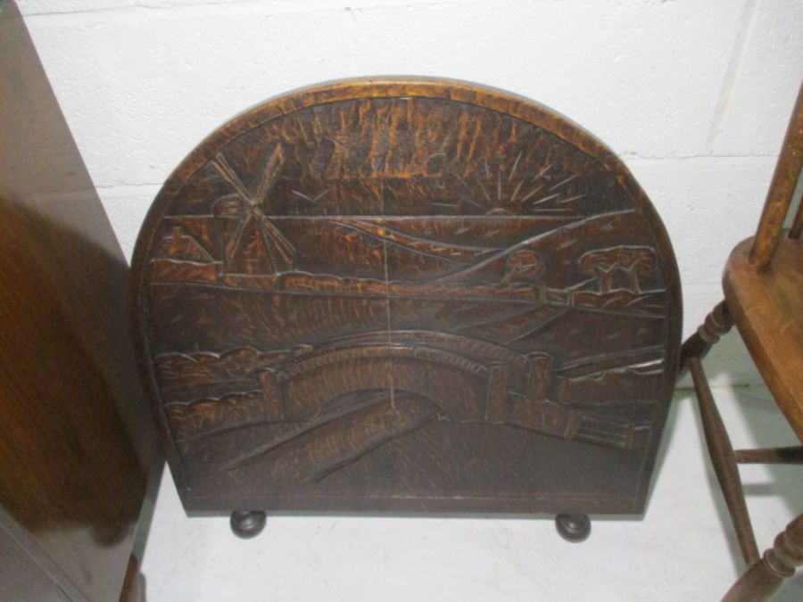 A glass topped Art Deco bedside cabinet, a carved oak fire screen showing a Dutch scene, plus a - Image 6 of 15