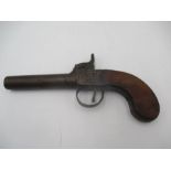An antique percussion cap pistol with removable barrel, engraved steel and proof marks