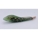 A tested 9ct gold, jade and seed pearl brooch in the form of Lily of the Valley