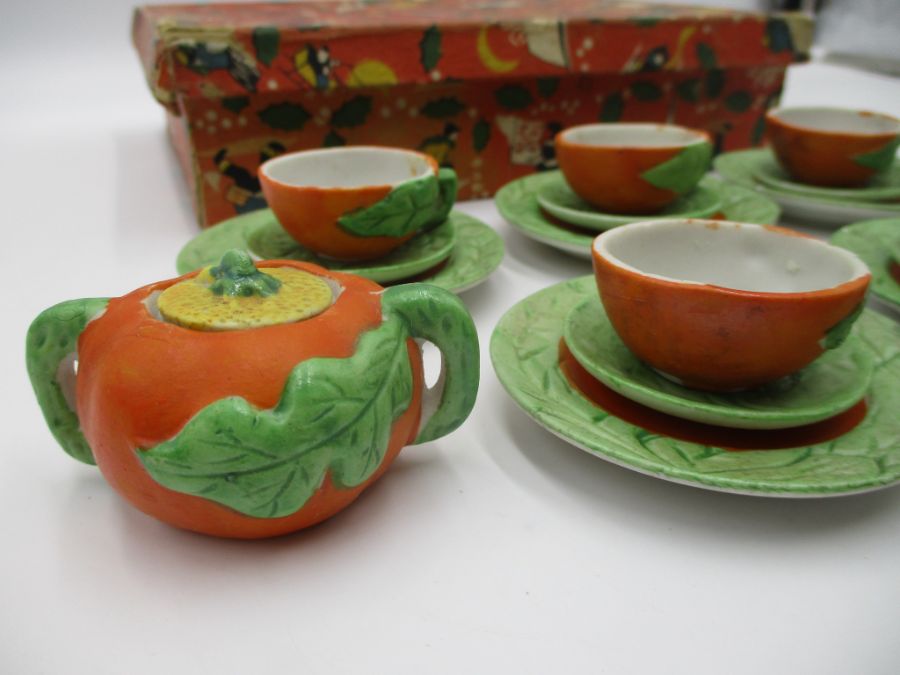 A child's vintage miniature tea set, pumpkin themed, marked "golden series rec. foreign". In a - Image 6 of 16