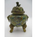 A 19th Century cloisonne incense burner with stylised elephant tripod feet and Fo dog finial and