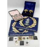 A collection of coinage, silver plated items and cased brass goblets