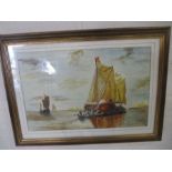 A framed watercolour painting of a Dutch nautical scene, signed A E Sweetland ? Overall size 69cm