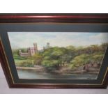 An oil on board of a castle overlooking a river, indistinct signature