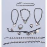 A collection of hallmarked and 925 silver jewellery including charm bracelet, necklaces etc.