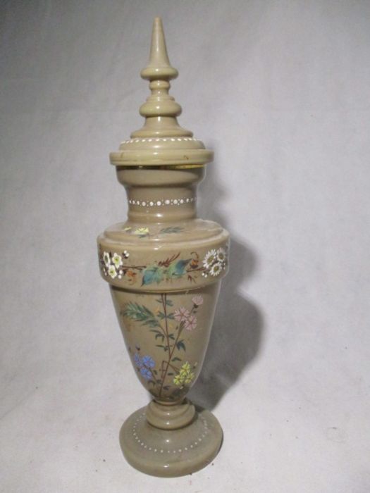 A Victorian oil lamp along with an milk glass urn with lid - Image 6 of 9