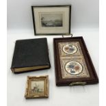 A collection of various items including engraving of Sidmouth, small framed oil painting showing a