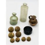 A small collection of items including Merit Pocket Compass, RAF buttons, small antique bottles etc.