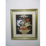 A framed embroidery of a floral arrangement - overall size 62cm x 70cm