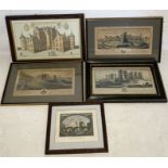 A collection of five framed 18th century engravings including three castle views by Samuel and