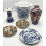 A collection of Oriental china including Imari vase, blue and white planter, blue and white plate as