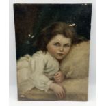 An unframed oil painting of a young girl - some damage as shown - signature possibly Ada Hyell?