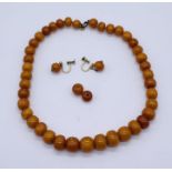 A vintage butterscotch amber necklace with matching earrings and two loose beads, total weight 30.
