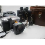 Three pairs of vintage binoculars, Prinz 10x50, Lumrop 10x40 and Plus 10x50 plus a Sony Mavica