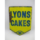 A vintage Lyons Cakes double sided enamel advertising sign - height 40cm, width 39cm