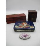 A lacquered tea caddy with inscription "Good as gold tea", two Elastoplast, Medical and factory