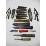 A collection of various knives, cut throat razors, throwing knife, penknives etc.