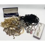 A collection of costume jewellery including French Jet, triple string of pearls with 925 silver