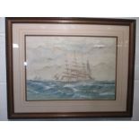 A watercolour of a four masted sailing ship at sea, monogrammed and dated "98"