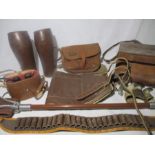 A collection of countryside pursuits leather goods, binoculars and accessories. Also includes a