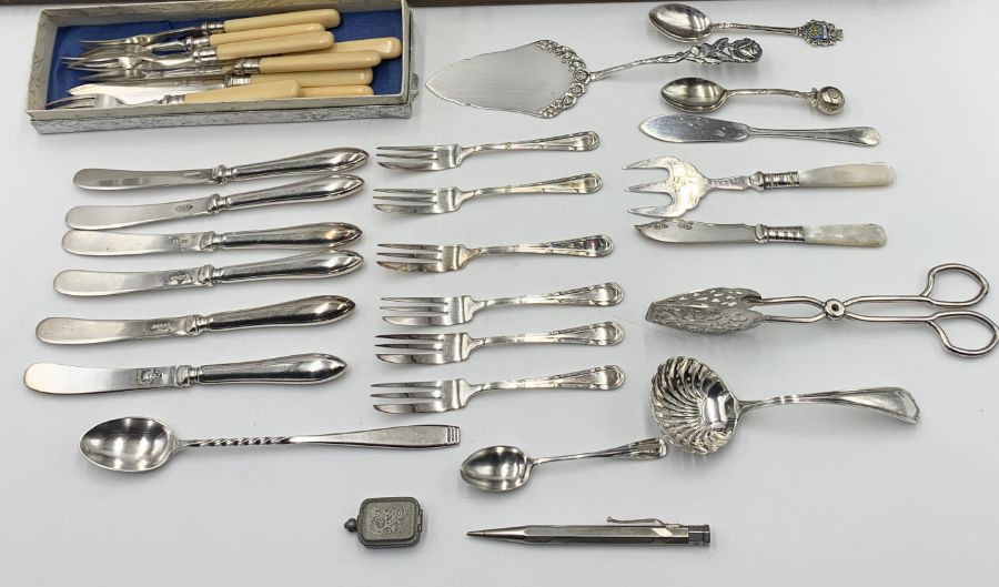 A collection of silver plated cutlery along with a yard of lead propelling pencil - Image 4 of 4