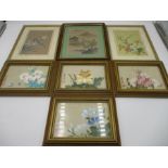 Seven framed oriental prints, three are noted to reverse "hand painted on silk in China".