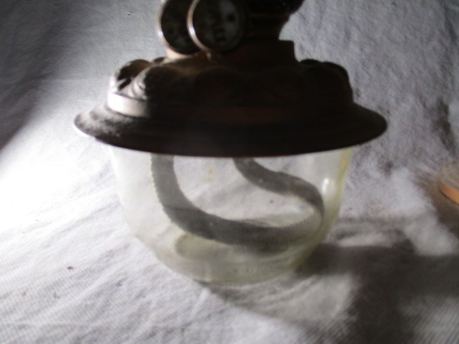 A Victorian oil lamp along with an milk glass urn with lid - Image 5 of 9