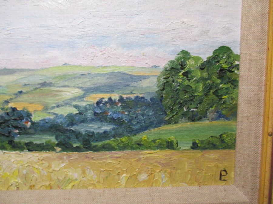 A framed oil painting of a countryside scene - overall size 39cm x 49cm - Image 4 of 9