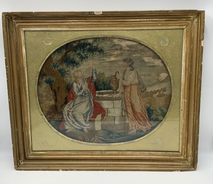 An 18th Century embroidery on silk picture of a classical scene A/F